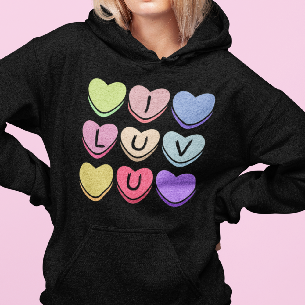 Adult I Luv U Candy Hearts | Pullover | Gildan Heavy 50/50 Blend