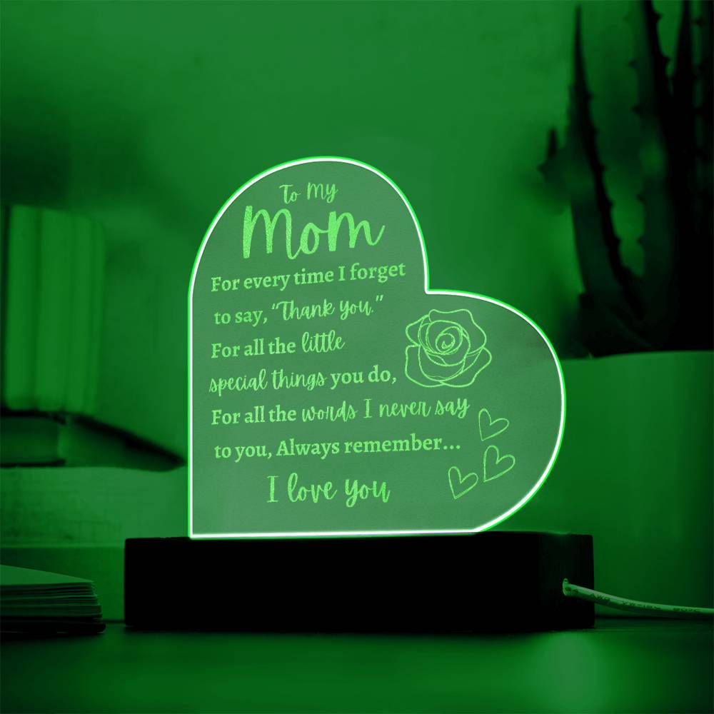 Mom | Thank You | I Love You | Birthday | Mother's Day | Engraved Acrylic Heart Plaque