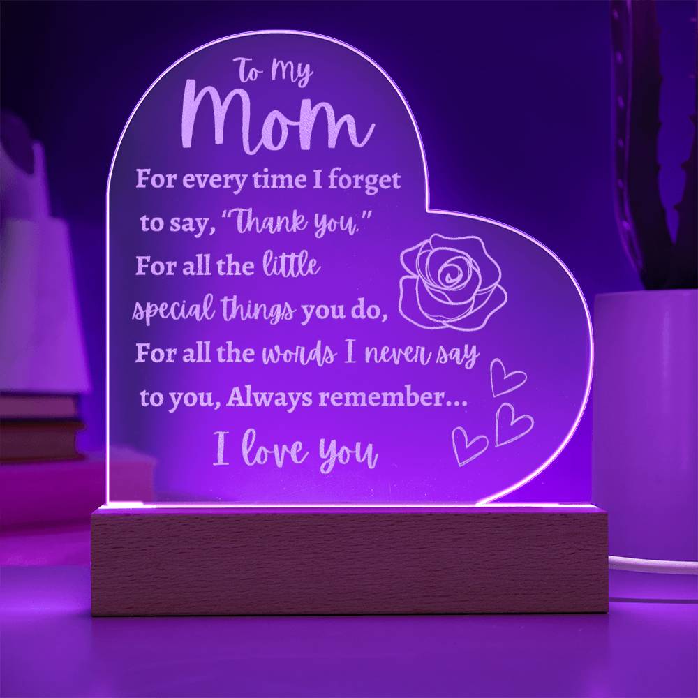 Mom | Thank You | I Love You | Birthday | Mother's Day | Engraved Acrylic Heart Plaque