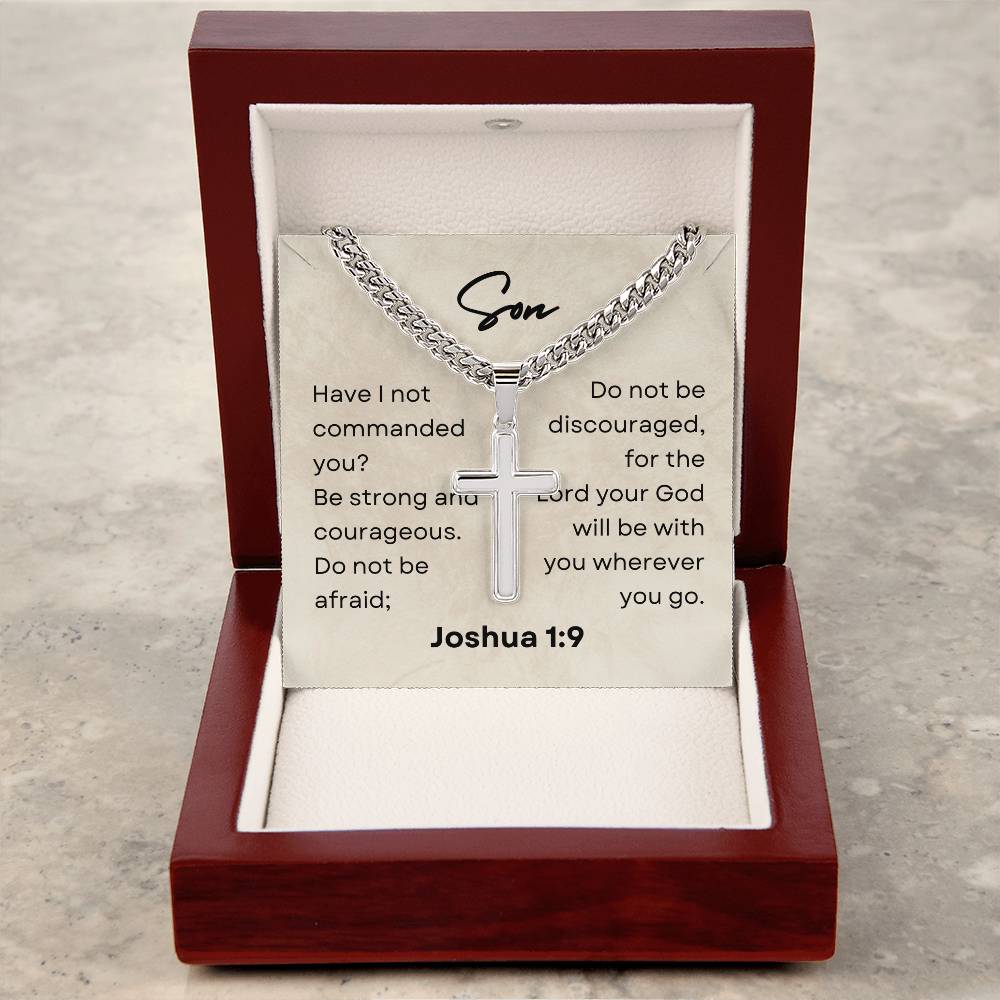 Be Bold, Be Brave, Be Strong, Son | Joshua 1:9 | Christian Artisan Cross Necklace